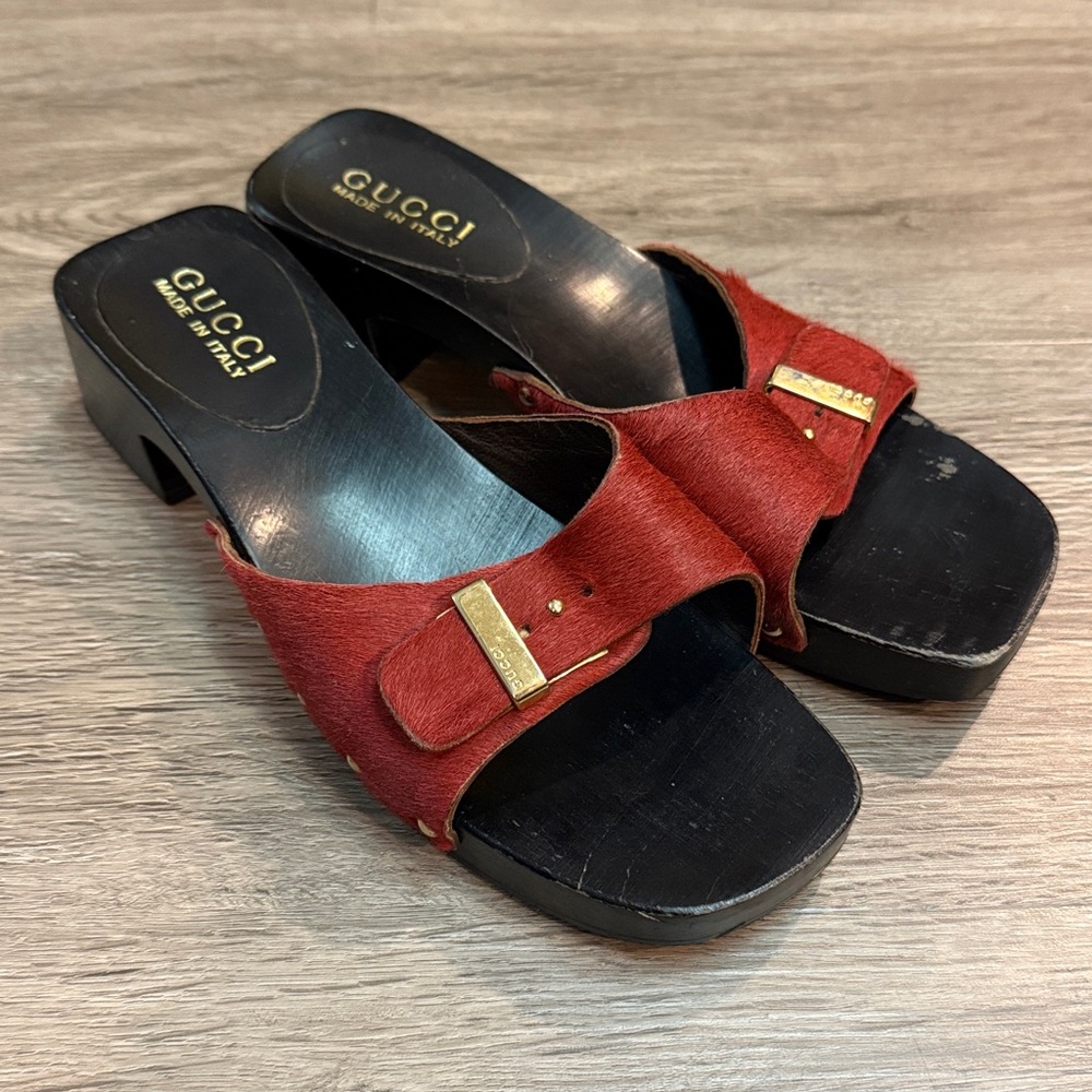 GUCCI Pony Hair Red Clogs Sandals Wooden 7